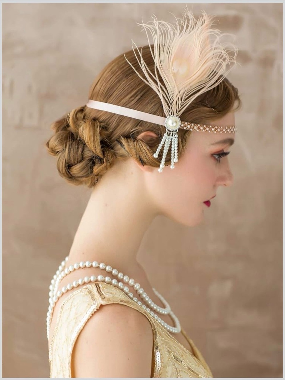 1920s Headpiece Flapper Headband, Pearl Peacock Feather Hair Band